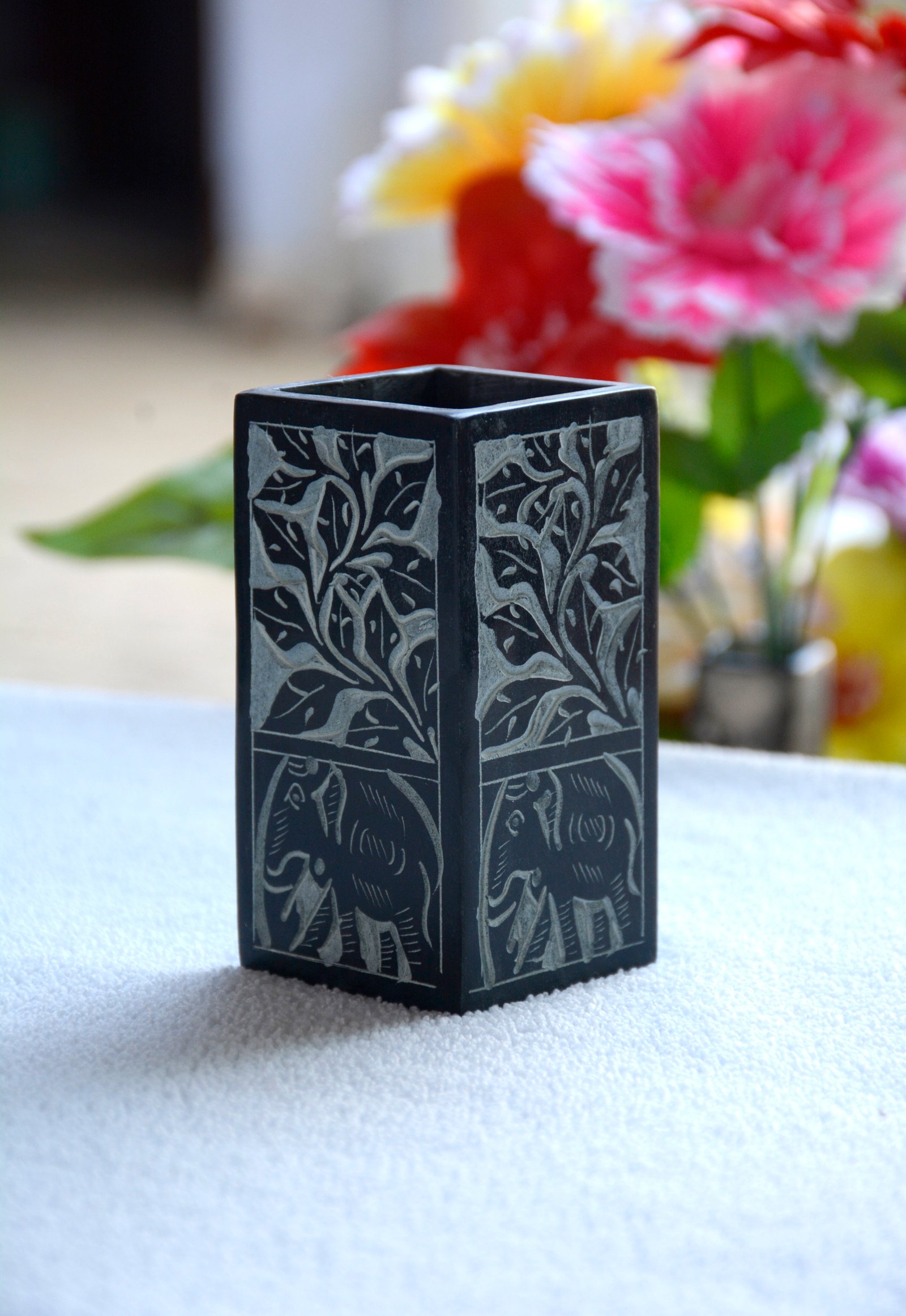 Carved Black marble pen stand